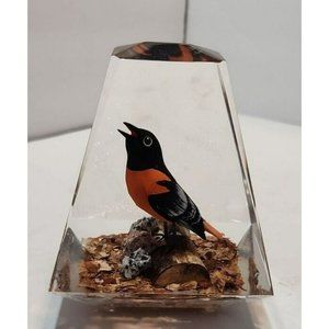 Acrylic Paperweight With Orange and Black Bird On A Branch Inside 4.25" by 5"